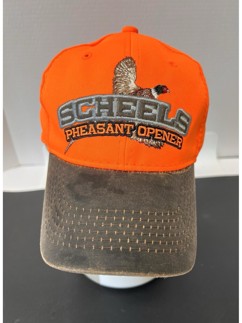 Scheels Pheasant Opener NEW Cap Hat Strap Back Neon Orange Black Embroidered
